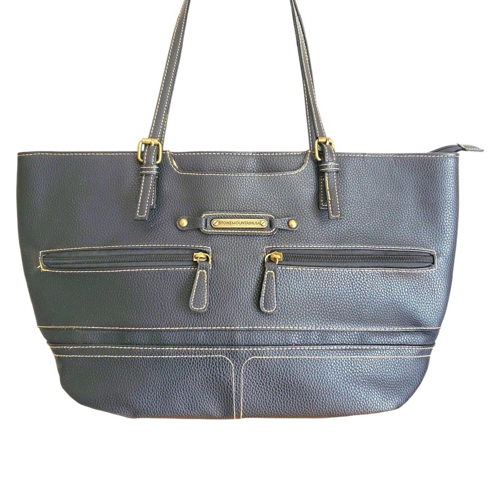 Stone Mountain Shoulder Bag Black Vegan Leather Tote Handbag Purse Lg Carryall - Picture 5 of 11
